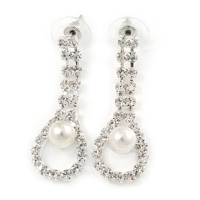 Bridal/ Prom/ Wedding Clear Crystal Pearl Teardop Earrings In Silver Plating - 40mm L - main view