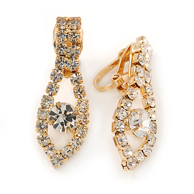 Clear Crystal Leaf Clip On Earrings In Gold Plating - 30mm L - main view