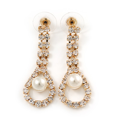 Bridal/ Prom/ Wedding Clear Crystal Pearl Teardop Earrings In Gold Plating - 40mm L - main view