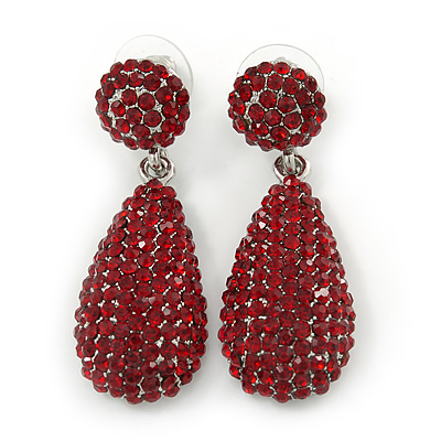 Bridal, Prom, Wedding Pave Ruby Red Austrian Crystal Teardrop Earrings In Rhodium Plating - 48mm L - main view