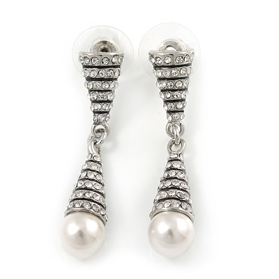 Rhodium Plated Clear Crystal, Pearl Cone Drop Earrings - 40mm L - main view