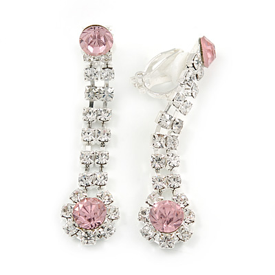 Light Pink/ Clear Crystal Teardrop Clip On Earrings In Silver Tone - 45mm L - main view