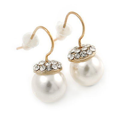 Pearl Style Clear Crystal Drop Earrings In Gold Tone - 20mm L - main view