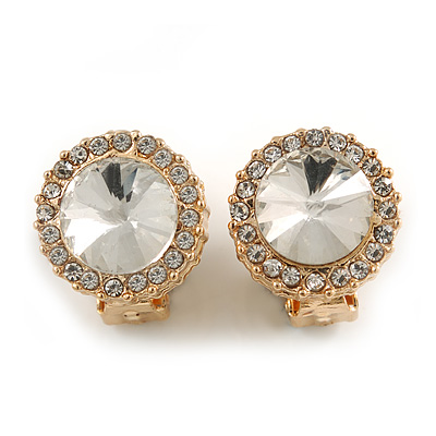 Clear Crystal Round Clip On Earrings In Gold Plating - 15mm D