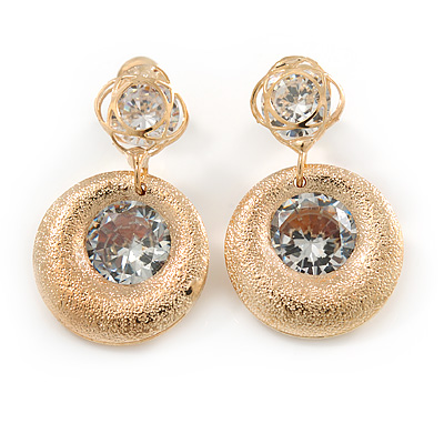 Gold Tone Textured Clear Cz Disk Drop Earrings - 30mm L - main view