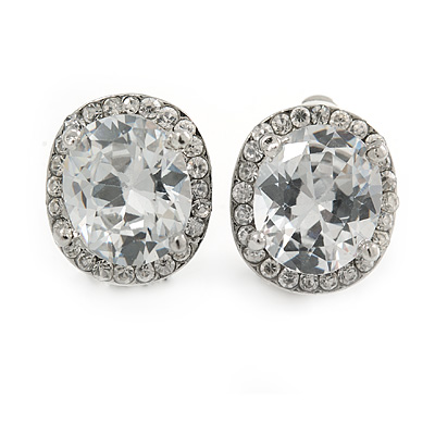 Clear Crystal Cz Oval Clip On Earrings In Silver Plating - 15mm - main view
