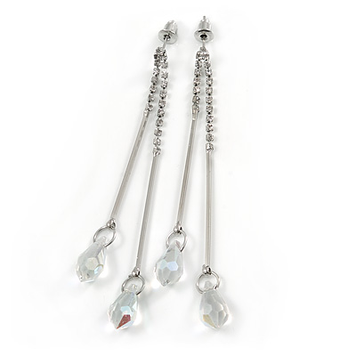 Long Silver Tone AB Crystal Bar Drop Earrings - 75mm L - main view