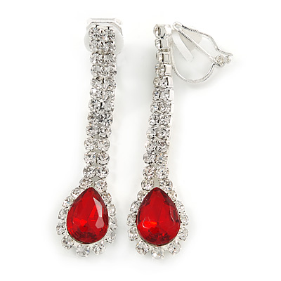 Red/ Clear Crystal Teardrop Clip On Earrings In Silver Tone - 40mm L - main view