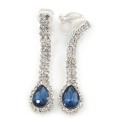 Cobalt Blue/ Clear Crystal Teardrop Clip On Earrings In Silver Tone - 40mm L - main view