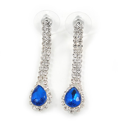 Bridal/ Prom/ Wedding Clear/ Sapphire Blue Crystal Teardrop Earrings In Silver Tone Metal - 40mm L - main view