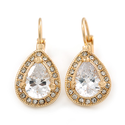 Classic Cz Teardrop Earrings With Leverback Closure In Gold Plating - 27mm L - main view