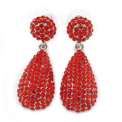 Bridal, Prom, Wedding Pave Bright Red Austrian Crystal Teardrop Earrings In Rhodium Plating - 48mm L - main view