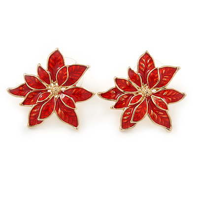 Christmas Bright Red Enamel Poinsettia Holiday Stud Earrings In Gold Tone - 25mm - main view