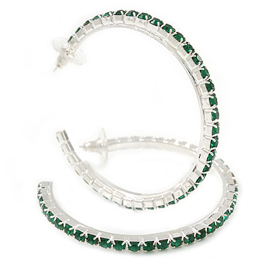 Large Emerald Green Austrian Crystal Hoop Earrings In Rhodium Plating - 6cm D - main view