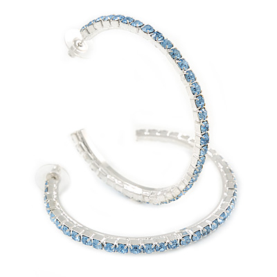 Large Sky Blue Austrian Crystal Hoop Earrings In Rhodium Plating - 6cm D - main view