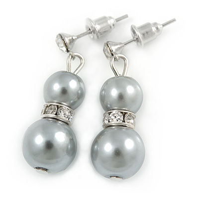 9mm Light Grey Glass Pearl Bead With Crystal Ring Drop Earrings In Silver Tone - 30mm - main view