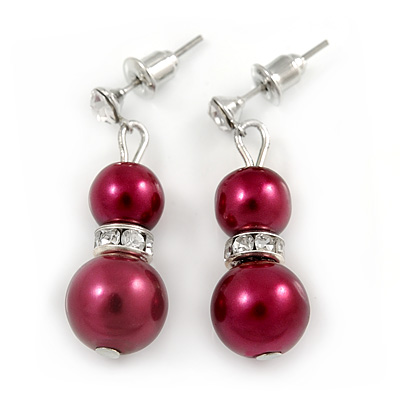 9mm Wine Red Glass Pearl Bead With Crystal Ring Drop Earrings In Silver Tone - 30mm