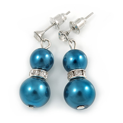 9mm Teal Glass Pearl Bead With Crystal Ring Drop Earrings In Silver Tone - 30mm