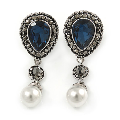 Vintage Inspired Midnight Blue/ Hematite Crystal with White Pearl Teardrop Earrings In Silver Tone - 50mm L - main view