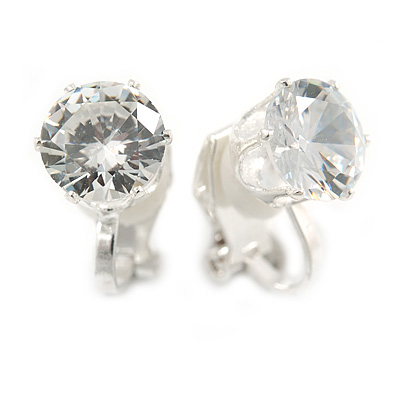 8mm Clear Round Cut Cz Clip On Earrings In Silver Tone - main view