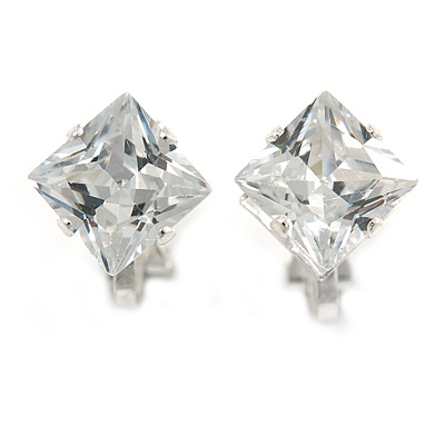8mm Clear Cz Square Clip On Earrings In Rhodium Plating - main view
