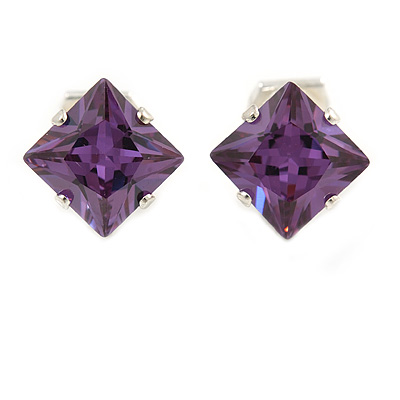 8mm Purple Cz Square Clip On Earrings In Rhodium Plating - main view