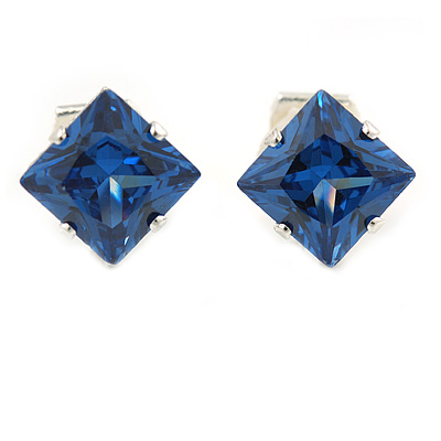 8mm Blue Cz Square Clip On Earrings In Rhodium Plating - main view