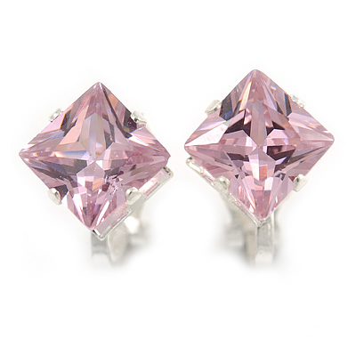 8mm Light Pink Cz Square Clip On Earrings In Rhodium Plating
