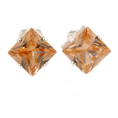 8mm Champagne Coloured Cz Square Clip On Earrings In Rhodium Plating - main view