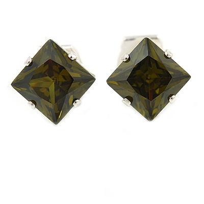 8mm Olive Green Cz Square Clip On Earrings In Rhodium Plating - main view