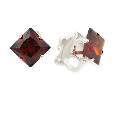 8mm Burgundy Red Cz Square Clip On Earrings In Rhodium Plating - main view