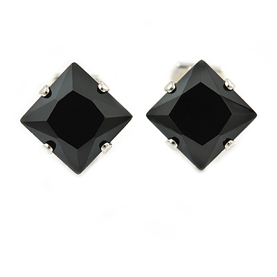 8mm Black Cz Square Clip On Earrings In Rhodium Plating - main view