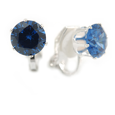 8mm Blue Round Cut Cz Clip On Earrings In Rhodium Plating - main view
