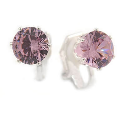 8mm Pink Round Cut Cz Clip On Earrings In Rhodium Plating - main view
