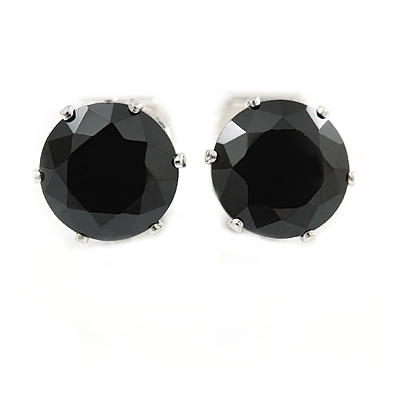 8mm Black Round Cut Cz Clip On Earrings In Rhodium Plating - main view