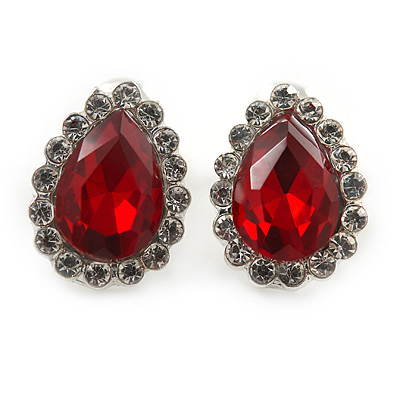 Small Teardrop Red/ Clear Stud Earrings In Silver Tone - 13mm