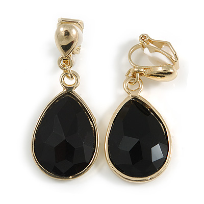 Gold Tone Teardrop Black Faceted Glass Stone Clip On Drop Earrings - 35mm L - main view