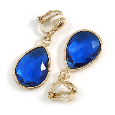 Gold Tone Teardrop Sapphire Blue Faceted Glass Stone Clip On Drop Earrings - 35mm L - main view