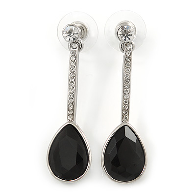 Black Glass, Clear Crystal Teardrop Earrings In Silver Tone - 40mm L - main view