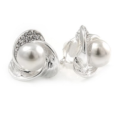 Silver Tone Crystal, Faux Glass Pearl 3 Petal Flower Clip On Earrings - 20mm
