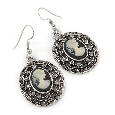 Vintage Inspired Oval, Hematite Grey Crystal Cameo Drop Earrings In Antique Silver Tone - 45mm L - main view