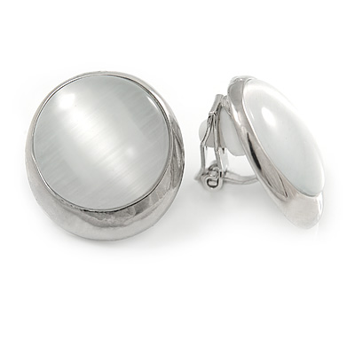 Silver Tone Cat Eye Stone Round Clip On Earring - 20mm - main view
