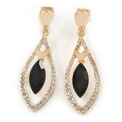 Exquisite Black Glass, Clear Crystal Leaf Clip On Earrings In Gold Plating - 50mm L - main view