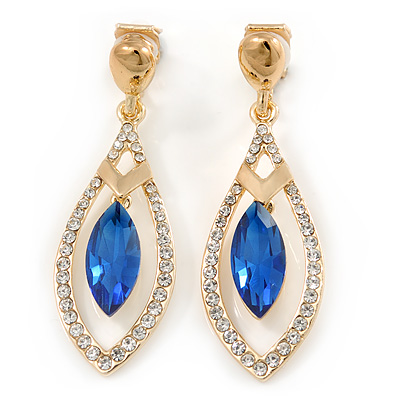 Exquisite Sapphire Blue Glass, Clear Crystal Leaf Clip On Earrings In Gold Plating - 50mm L - main view