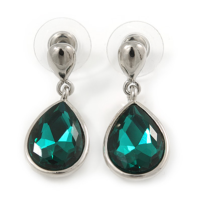 Silver Tone Teardrop Emerald Green Faceted Glass Stone Drop Earrings - 30mm L