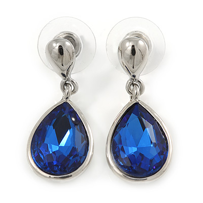 Silver Tone Teardrop Sapphire Blue Faceted Glass Stone Drop Earrings - 30mm L - main view