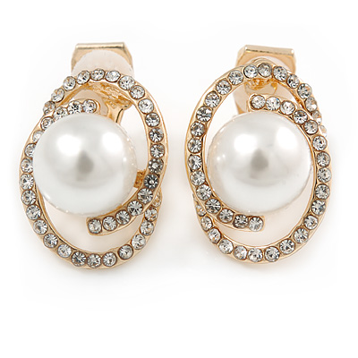 Oval Clear Crystal, White Faux Pearl Clip On Earrings In Gold Tone - 18mm - main view