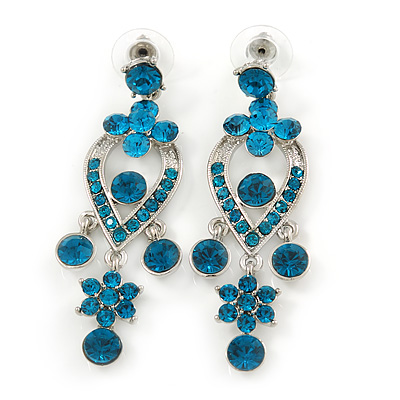 Teal Coloured Austrian Crystal Chandelier Earrings In Rhodium Plating - 60mm L - main view