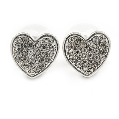 Small Silver Tone Clear Crystal Heart Stud Earrings - 13mm - main view