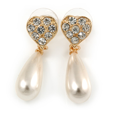 Crystal Heart with Cream Coloured Faux Pearl Drop Earrings In Gold Tone Metal - 38mm L - main view